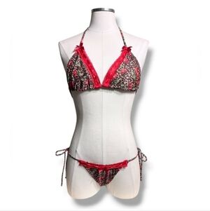 MUSERA Red Lace Trim Cherry & Leopard Print String Bikini Mixed Size L/XS
